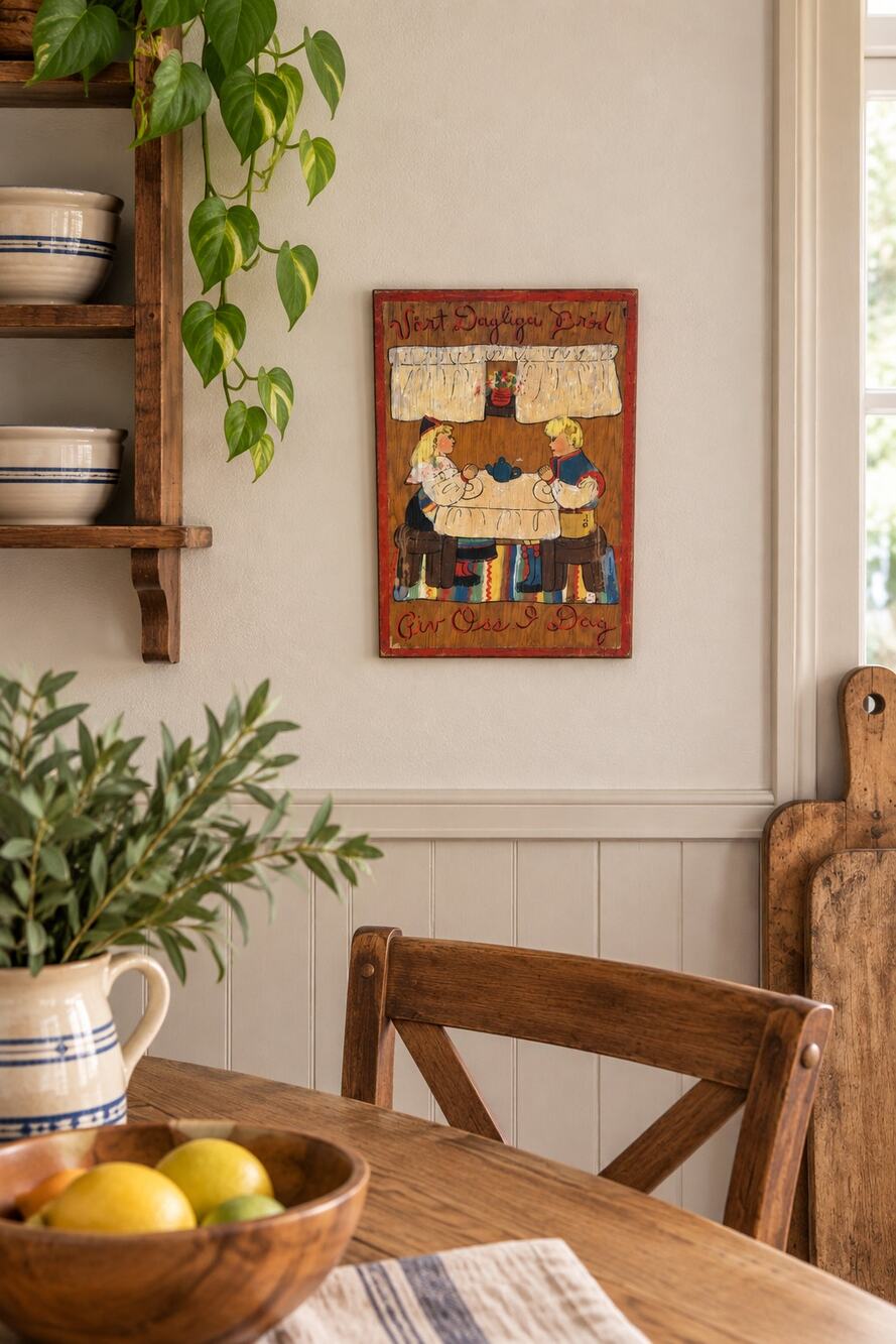 Antique Norwegian Give Us Today Our Daily Bread Wall Art Painting Wood Frame